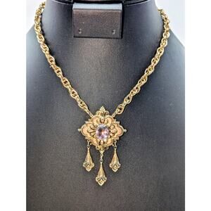 Vtg Signed Coro Victorian Art Nouveau Gold Plated Amethyst Stone Necklace